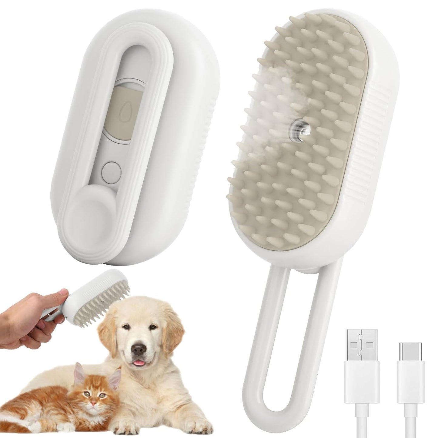 4 in 1 Cat Steam Brush for Shedding, Cleaning, Massage & Smooth, USB Rechargeable Pet Spray Hair Removal Comb, for Indoor Long/Short Haired Cats & Dogs (White)